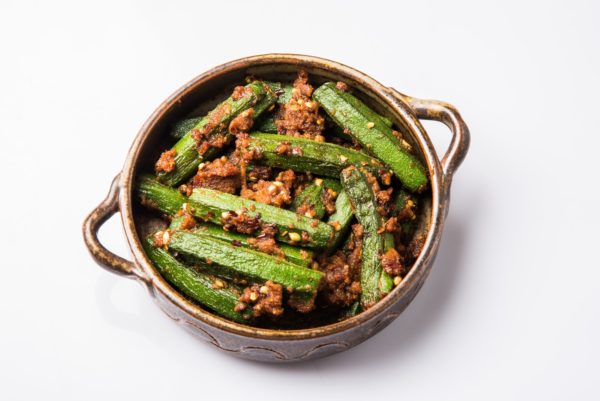 Indian masala fried Okra or bhindi or ladyfinger curry tava fry